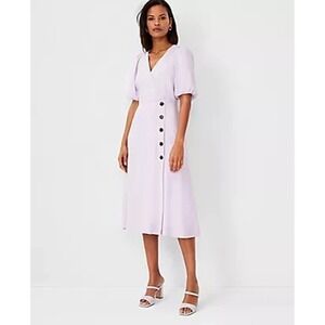 Ann Taylor Button Trim Wrap Midi Dress Lavender Fields V-Neck Puff Sleeve Sz 10